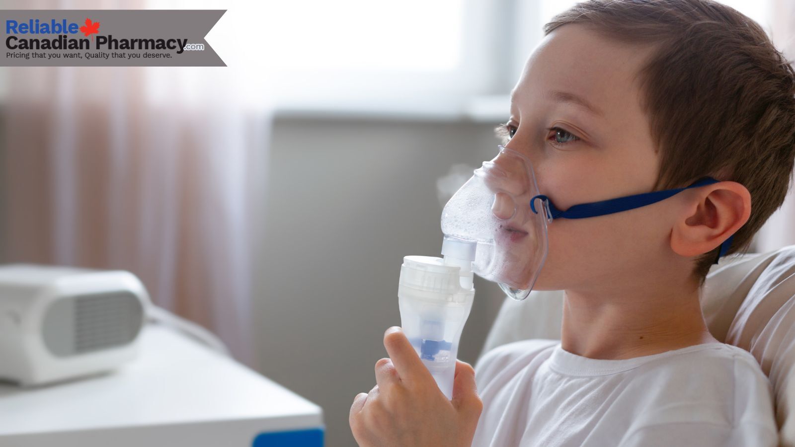 A boy with breathing mask on being treated for COPD