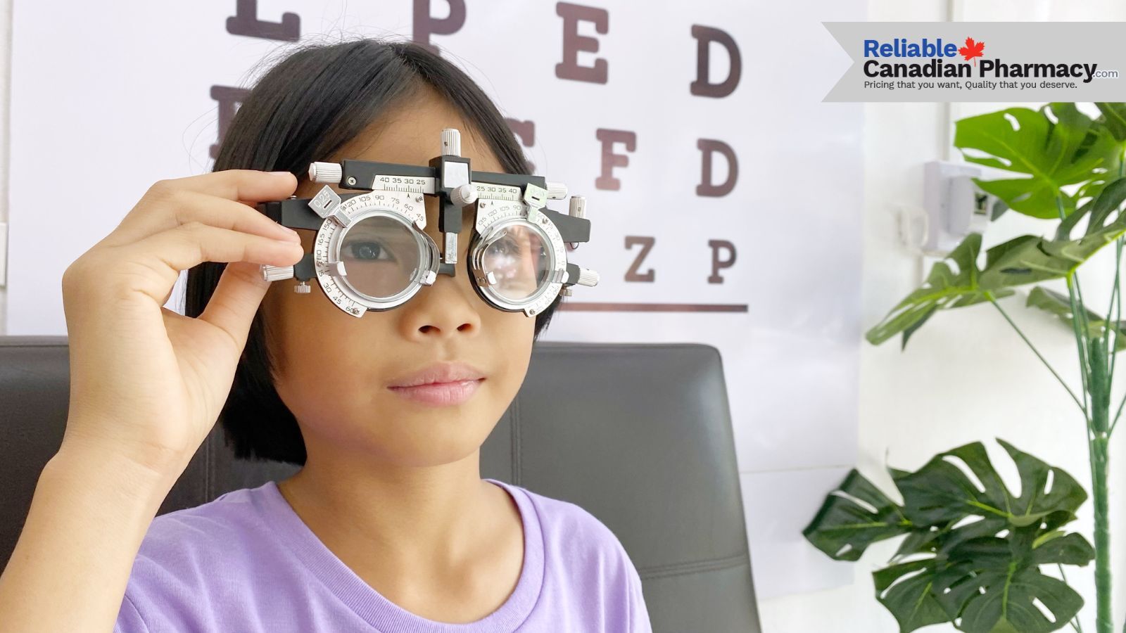 A kid at the optician clinic, getting her eyes tested.