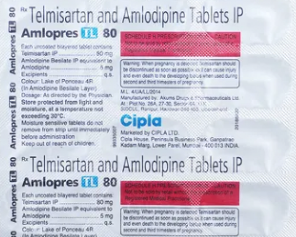 A strip of Telmisartan (80mg) + Amlodipine (5mg) Pill