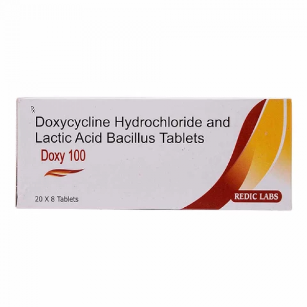 A box of generic Doxycycline 100mg tablet