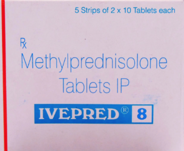 A box and a strip of Methylprednisolone 8mg Pill