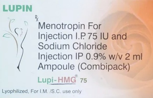 A box and an injection of Menotropin 75IU  ( Freeze Dried Injection )