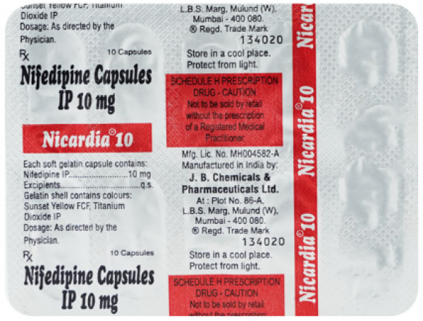 A box and a strip of Procardia Generic 10 mg Capsule - Nifedipine