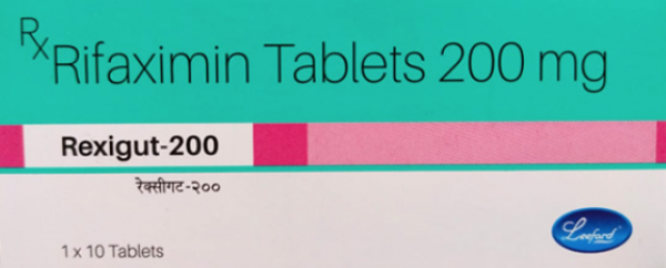 Box of generic rifaximin 200mg tablets