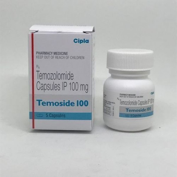 Box and a bottle of Temozolomide 100mg Capsules