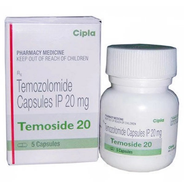 Box and a bottle of generic Temodar 20mg Capsules - Temozolomide